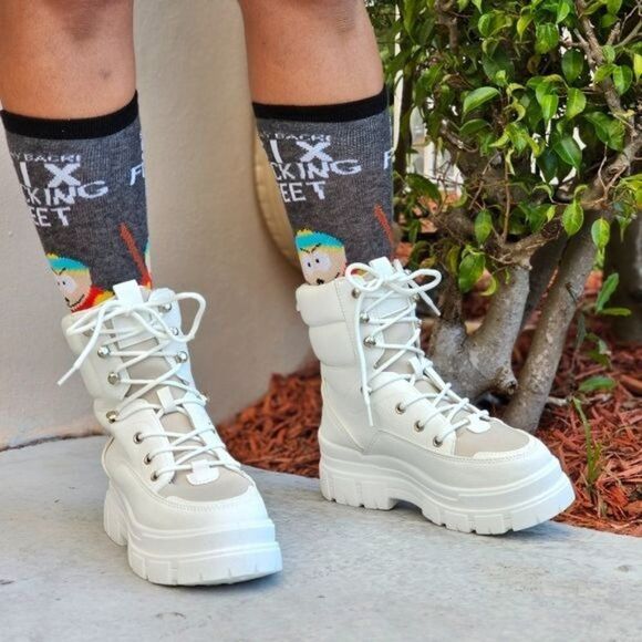 Women's White Chunky Block High Heel Ankle Combat Booties - Picture 2 of 7